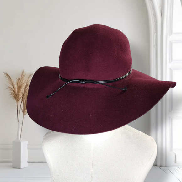 Anthropologie Burgundy Wool Felt Wide Brim Floppy Hat Cottagecore Romantic Boho main image 8